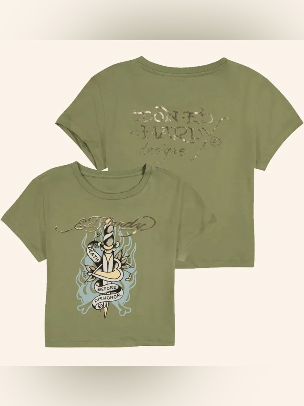 Ed Hardy “Death Before Dishonor” Dagger Baby Tee Sage Green - Size XL